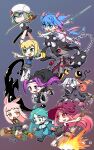  6+girls :d ahoge animal_ears aqua_hair bag ball_and_chain_(weapon) bare_shoulders barefoot basket black_boots black_dress black_hair black_shoes blonde_hair blue_eyes blue_hair blue_pants boots borrowed_character bow bra breasts bridal_gauntlets broom brown_background brown_eyes brown_shoes carrot chain character_request chibi closed_mouth collared_shirt colored_sclera colored_skin commentary_request cropped_jacket dress dress_shirt fang food forehead freckles frilled_dress frills fruit glasses gradient_background green_eyes green_hair grey-framed_eyewear grey_background grey_boots grey_dress grey_eyes grey_hair grey_jacket grey_shirt grey_skin grey_skirt hair_between_eyes hair_bow hand_wraps hat highres holding holding_basket holding_broom holding_chain holding_food holding_sheath holding_sword holding_weapon hood hood_up jacket katana lemon long_hair long_sleeves long_tongue multicolored_hair multiple_girls muu_(mumumer) newsboy_cap nun open_clothes open_jacket open_mouth original outstretched_arm pale_skin panties pants pantyhose parted_bangs piercing pink_bow pink_hair pink_ribbon pink_shoes pleated_skirt pointing polka_dot polka_dot_shirt polka_dot_skirt puffy_pants puffy_short_sleeves puffy_sleeves purple_dress purple_eyes purple_hair purple_hat rabbit_ears red_bra red_eyes red_panties red_sclera ribbon round_eyewear running school_uniform sheath shirt shoe_soles shoes short_eyebrows short_sleeves shoulder_bag simple_background skirt sleeveless sleeveless_dress sleeves_past_fingers sleeves_past_wrists small_breasts small_sweatdrop smile spiked_ball_and_chain striped_clothes striped_thighhighs sweat sweater_vest sword tail thick_eyebrows thighhighs tongue tongue_piercing torn_clothes torn_sleeves two-tone_hair two_side_up underwear unsheathed v-shaped_eyebrows veil very_long_hair very_long_tongue weapon white_background white_dress white_hat white_jacket white_pantyhose white_shirt witch_hat 