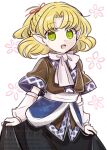  1girl arm_warmers black_skirt black_undershirt blonde_hair bow brown_shirt commentary_request cowboy_shot green_eyes hair_ribbon half_updo highres holding_own_skirt mizuhashi_parsee open_mouth pointy_ears red_ribbon ribbon scarf shirt short_hair short_sleeves skirt solo tama_(hiroshige_36) touhou twitter_username watermark white_background white_bow white_scarf 