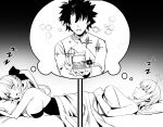  1boy 2girls absurdres artoria_caster_(fate) artoria_pendragon_(fate) bow breasts commentary_request dreaming drooling fate/grand_order fate_(series) fujimaru_ritsuka_(male) greyscale hair_bow highres jewelry large_breasts long_hair marriage_proposal monochrome morgan_le_fay_(fate) multiple_girls ring sparkle wedding_ring wtlong_han zzz 