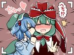  &gt;_&lt; 2girls backpack bag blue_hair blush cheek_kiss closed_eyes front_ponytail green_hair hair_bobbles hair_ornament hair_ribbon hat heart kagiyama_hina kawashiro_nitori kiss long_hair multiple_girls ribbon rokunen short_hair touhou two_side_up v viewfinder yuri 