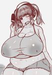  1girl areolae belly breasts fat food gigantic_breasts headphones ice_cream inverted_nipples large_areolae navel nipples nitroplus one_eye_closed super_pochaco sweat tensai427 