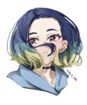  1girl absurdres aqua_hair black_choker blue_hair blue_hoodie bob_cut brown_eyes choker commentary cropped_shoulders english_commentary forehead gradient_hair green_hair highres hood hoodie looking_to_the_side loose_hair_strand medium_hair multicolored_hair obi3 perrin_(academy)_(pokemon) perrin_(pokemon) pokemon pokemon_masters_ex portrait purple_eyes shirt short_hair simple_background smile solo twitter_username white_background 