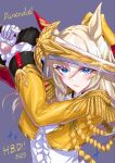  1girl aiguillette animal_ears asymmetrical_gloves asymmetrical_jacket blonde_hair blue_eyes blush bodysuit breasts character_name commentary_request durandal_(chevalier_fidele)_(umamusume) durandal_(umamusume) ear_covers epaulettes fourragere frilled_bodysuit gloves hair_between_eyes highres holding holding_sword holding_weapon horse_ears horse_girl jacket long_hair looking_at_viewer medium_breasts mismatched_gloves multicolored_hair parted_lips single_ear_cover solo sword two-tone_hair umamusume upper_body weapon white_bodysuit white_gloves white_hair yellow_jacket yuki6238 