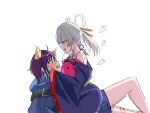  2girls bare_shoulders blue_hair blush cho_kaguya-hime! collarbone commentary_request from_side green_eyes grey_hair hair_ornament hair_rings hair_stick halterneck hand_on_another's_cheek hand_on_another's_face heart long_sleeves looking_at_another multicolored_hair multiple_girls open_mouth pink_hair profile purple_hair runami_yachiyo runami_yachiyo_(chibi) sakayori_iroha short_hair sidelighting simple_background sitting sitting_on_person sketch twintails two-tone_hair white_background wide_sleeves ytirotete yuri 