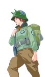  1girl aruga_teruto backpack bag belt_pouch brown_hair brown_pants canteen closed_mouth commentary_request fake_horns feet_out_of_frame green_bag green_helmet green_jacket hand_up helmet holding_strap horned_helmet horns jacket looking_ahead murai_miki orange_shirt pants pouch purple_eyes radio real_life shirt short_hair simple_background solo white_background 
