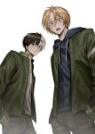  2boys absurdres black_eyes black_hair blonde_hair blue_hoodie blush brown_pants buttons closed_mouth cowboy_shot crossover english_commentary gomang1201 green_jacket hands_in_pockets heterochromia highres hood hood_down hoodie jacket looking_at_viewer male_focus multicolored_hair multiple_boys open_mouth pants sakamoto_days sakura_haruka_(wind_breaker) shin_(sakamoto_days) shirt simple_background standing sweatdrop t-shirt teeth two-tone_hair upper_teeth_only white_background white_hair white_shirt wind_breaker_(nii_satoru) yellow_eyes 