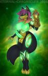  anthro canid canine curvy_figure dragon eternal-chronicler fox genitals glowing glowing_eyes glowing_genitalia glowing_horn glowing_markings glowing_nipples glowing_penis gold_(metal) gradient_hair gynomorph hair hi_res horn hybrid infinity_gauntlet infinity_stone intersex mammal markings mythological_creature mythological_scalie mythology nipples penis scalie solo wide_hips yaang 