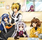  4girls ahoge apron black_hair blonde_hair blue_eyes blue_hair brown_eyes brown_hair chopsticks cooking flat_chest food frying_pan hair_ornament hairband hairclip highres hood hoodie huge_ahoge hyde_(under_night_in-birth) linne long_hair minatsu_(popsta) multicolored_hair multiple_girls omelet onigiri orange_shirt orie_(under_night_in-birth) purple_hair red_eyes shirt short_hair smile spoon sweatdrop two-tone_hair under_night_in-birth vatista white_hair yuzuriha_(under_night_in-birth) 