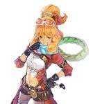  3d atelier_(series) atelier_shallie belt black_gloves black_shorts blue_scarf brown_eyes cel_shading coat cowboy_shot game_model gloves goggles goggles_on_head green_scarf grin half_updo hidari_(left_side) jurie_crotze multicolored multicolored_clothes multicolored_scarf navel official_art orange_hair pantyhose red_coat scarf shirt short_hair shorts smile solo thighhighs white_background white_shirt 