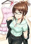  akizuki_ritsuko antenna_hair belt bra breasts brown_eyes brown_hair dress glasses grin idolmaster idolmaster_(classic) inu_(aerodog) large_breasts see-through short_hair smile solo sweat underwear undressing wet wet_clothes 