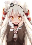  amatsukaze_(kantai_collection) blush brown_eyes choker collarbone eretto fang gloves hair_tubes hands_on_own_cheeks hands_on_own_face kantai_collection long_hair long_sleeves looking_at_viewer silver_hair single_glove smoke solo two_side_up upper_body white_gloves 