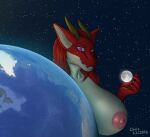  absurd_res anthro big_breasts breasts chrislhi constellation dragon earth female glowing glowing_eyes hi_res holding_object holding_planet horn huge_breasts macro mythological_creature mythological_scalie mythology planet scales scalie smile smirk solo 