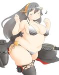  big_belly bikini black_hair black_legwear breasts eighth_note fat fusa_(starless2323) hairband haruna_(kantai_collection) highres kantai_collection large_breasts long_hair musical_note skindentation smile solo swimsuit thighhighs 