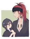 1boy 1girl abarai_renji absurdres arm_hug black_hair black_headband black_kimono bleach blush chest_tattoo commentary_request couple cropped_torso double-parted_bangs eye_contact eyelashes forehead_tattoo from_side green_background hair_between_eyes headband height_difference hetero high_ponytail highres japanese_clothes kimono kuchiki_rukia long_hair looking_at_another looking_down looking_up neck_tattoo open_mouth parted_lips ponytail profile purple_eyes raised_eyebrows red_hair rinner373 short_hair simple_background tattoo tsurime twitter_username two-tone_background upper_body upturned_eyes white_background 