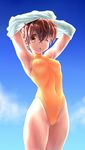  armpits arms_up breasts brown_eyes brown_hair competition_swimsuit covered_navel covered_nipples day highleg highleg_swimsuit medium_breasts nyo one-piece_swimsuit one_eye_closed original short_hair skin_tight sky solo standing swimsuit turtleneck undressing 