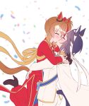  2girls absurdres ahoge animal_ears arms_around_another's_waist arms_around_neck bandeau black_bandeau black_gloves black_hair blue_sash blush brown_hair cape closed_eyes coat commentary_request confetti epaulettes fuji_kiseki_(blanche_etoile)_(umamusume) fuji_kiseki_(umamusume) gloves hair_between_eyes highres horse_ears horse_girl horse_tail jacket jungle_pocket_(umamusume) jungle_pocket_(vermilion_head)_(umamusume) kiss lifting_person long_sleeves multicolored_hair multiple_girls notched_ear official_alternate_costume open_clothes open_coat pants red_coat red_nails red_pants red_streaks sash short_hair streaked_hair tail umamusume white_cape white_gloves white_jacket youngyangtang yuri 