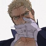  1boy alexander_anderson blonde_hair blue_eyes blush cross embarrassed furrowed_brow gloves hand_on_own_face hellsing highres male_focus muscular muscular_male priest sashimi_oran scar scar_on_face spiked_hair sweatdrop white_gloves 