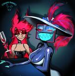  2026 4_fingers abstract_background alastor_(hazbin_hotel) alcohol animal_ears animal_humanoid artist_name bedroom_eyes beverage big_breasts black_choker black_clothing black_dress black_hair black_highlights black_jewelry black_lipstick black_necklace blue_body blue_clothing blue_dress blue_eyes blue_skin breasts choker claws cleavage clothed clothing container crossgender cup deer deer_humanoid demon demon_humanoid digital_drawing_(artwork) digital_media_(artwork) dopeybunni dress drinking_glass duo electronics eyelashes eyeshadow eyewear female finger_claws fingers for_a_head fur glass glass_container glass_cup glistening glistening_arms glistening_body glistening_breasts glistening_skin hair hat hazbin_hotel headgear headwear hellaverse hi_res highlights_(coloring) humanoid jewelry lipstick long_hair looking_at_viewer makeup mammal mammal_humanoid monocle mtf_crossgender multicolored_hair narrowed_eyes necklace object_head red_eyes red_eyeshadow red_hair red_sclera screen screen_face screen_head seductive sitting smile tan_body tan_fur television text tv_head two_tone_hair vox_(hazbin_hotel) watermark wine wine_glass 