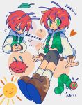  1girl ankle_socks antennae arrow_(symbol) arthropod_girl bike_shorts boots brown_boots brown_gloves caterpillar caterpillar_girl closed_mouth commentary_request creature_and_personification deformed flying_sweatdrops full_body gloves green_eyes green_jacket hair_between_eyes hand_on_own_stomach heart highres holding_stomach hood hood_down hooded_jacket hoodie jacket lace-up_boots leaf long_sleeves looking_at_viewer medium_hair midriff mikiwo_eko53 multicolored_eyes multicolored_jacket multiple_views notice_lines open_clothes open_jacket personification red_hair shirt simple_background smile socks standing stomach_ache stomach_growling sun the_very_hungry_caterpillar the_very_hungry_caterpillar_(character) translation_request two-tone_eyes two-tone_jacket wavy_mouth white_hoodie white_jacket white_shirt white_socks yellow_eyes 