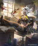  1girl black_boots black_skin book boots bottle box breasts brick_wall burnite_(shadowverse:_worlds_beyond) chair cleavage closed_eyes colored_skin commentary_request copyright_name crop_top day desk_lamp detached_sleeves dragon_girl dragon_horns dragon_tail drawer evidence_board feet_on_table fujie-yz high_ponytail highres horns indoors knee_boots lamp large_breasts official_art on_chair pointy_ears ponytail radio shadowverse shadowverse:_worlds_beyond sitting solo tail torn_clothes white_hair window 