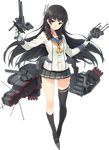  aa_gun asymmetrical_legwear bangs banned_artist black_hair black_legwear blunt_bangs brown_eyes depth_charge gloves isokaze_(kantai_collection) kantai_collection kneehighs long_hair long_sleeves looking_at_viewer machinery official_art paseri pleated_skirt school_uniform skirt solo thighhighs turret very_long_hair white_gloves 