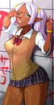  1girl alternate_skin_color commentary_request earrings elf frieren ganguro green_eyes grey_hair gyaru hair_ornament hair_scrunchie highres jewelry long_hair looking_at_viewer middle_finger nabuu_(jikyoku) parted_bangs pleated_skirt pointy_ears scrunchie shirt skirt solo sousou_no_frieren sweat sweater_vest tan teardrop_earrings thick_thighs thighs twintails v white_eyeshadow white_hair white_lips wrist_scrunchie 