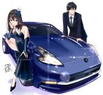  1boy 1girl absurdres black_dress black_hair black_jacket black_shoes black_suit breasts bridal_gauntlets brown_hair car cleavage collared_shirt commentary_request dated dress green_eyes hair_between_eyes hair_ornament hand_on_car high_heels highres idolmaster idolmaster_cinderella_girls jacket long_hair long_sleeves looking_afar looking_at_viewer medium_breasts mistrail motor_vehicle nissan nissan_370z nissan_fairlady_z producer_(idolmaster) producer_(idolmaster_cinderella_girls_anime) shibuya_rin shirt shoes short_hair simple_background smile strapless strapless_dress suit white_background white_shirt 