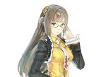  3d adjusting_eyewear atelier_(series) atelier_shallie brown_eyes brown_hair cel_shading cropped_jacket game_model glasses hair_ornament hidari_(left_side) linca_(atelier) long_hair necktie official_art shirt smile solo upper_body white_background 