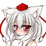  animal_ears bare_shoulders blush detached_sleeves hat inubashiri_momiji konoe_yuu looking_at_viewer pom_pom_(clothes) red_eyes short_hair silver_hair simple_background solo tokin_hat touhou white_background wolf_ears 