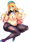  1girl areolae atago_(kantai_collection) belly beret black_legwear blonde_hair blue_eyes breasts detached_collar gloves hat highres kantai_collection kuro_(jyupiter) kuro_no_miki large_breasts long_hair looking_at_viewer micro_bikini_top navel nipples off_shoulder panties panties_under_pantyhose pantyhose plump ribbon shoes simple_background smile solo thighband_pantyhose underwear white_background 