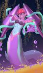 1girl absurdres armor blue_skin colored_skin commentary_request em_wave_change_(mega_man) gloves helmet highres komukusu lamia looking_at_viewer luna_platz_(mega_man) mega_man_(series) mega_man_star_force_(series) midriff monster_girl mouth_veil navel open_mouth purple_gloves purple_helmet queen_ophiuca_(mega_man) shoulder_armor smile snake veil 