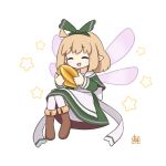  1girl ^_^ ahoge alice_(kitagawa_suigetsu) apron artist_logo blonde_hair boots bow bow_hairband brown_boots closed_eyes collar commentary_request dress fairy fairy_wings food fruit green_bow green_dress green_hairband hairband holding holding_food holding_fruit kitagawa_suigetsu logo open_mouth original pantyhose pink_wings pointy_ears smile solo star_(symbol) star_symbol_background starfruit white_apron white_background white_collar white_pantyhose wings 