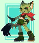  1girl animal_ears black_gloves black_nose black_tank_top carol_tea cat_ears cat_girl commentary commission english_commentary fingerless_gloves freedom_planet freedom_planet_2 furry furry_female gloves green_eyes green_fur green_shoes green_shorts hellsgreatestprince red_scarf scarf shoes shorts solo striped_fur tail tank_top 