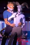  2:3 absurd_res anthro bar beastars bengal_tiger bill_(beastars) bite_mark bite_mark_on_chest blue_eyes blush bodily_fluids bottomwear bovid caprine cel_shading clock clothed clothing clubhouse collared_shirt dall_sheep dress_shirt duo embarrassed felid hand_in_pocket hi_res intimate male male/male mammal pantherine pants pina_(beastars) pockets public shaded sheep shirt signature size_difference suit_pants sweat sweatdrop tail tiger topwear vermilionrenderworks waist_grab watch 