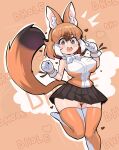  1girl animal_ears bare_shoulders blush bow breasts brown_hair dhole_(kemono_friends) dog_ears dog_girl dog_tail extra_ears gloves heart highres kemono_friends kemono_friends_3 kemonokiller large_breasts looking_at_viewer multicolored_hair open_mouth panties pantyshot shirt short_hair skirt sleeveless smile tail thighhighs two-tone_hair underwear white_hair 