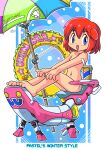  1990s_(style) 1girl :d absurdres anime_coloring barefoot beach_umbrella blue_background blue_eyes blush commentary_request completely_nude dot_nose drink drinking_straw frilled_innertube frills full_body hair_between_eyes hands_on_own_knees highres idaka innertube looking_at_viewer navel nude open_mouth partial_commentary pastel_(twinbee) red_hair retro_artstyle robot short_hair sitting smile solo swim_ring toes twinbee umbrella 