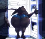  atryl bent_over big_butt bovine butt cattle clothed clothing collar female fridge horn mammal skimpy solo standing text thick_thighs wide_hips 