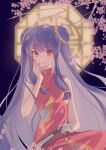  1girl absurdres animal_print befoufou174773 butterfly_print cherry_blossoms chinese_clothes commentary double_bun dress hair_bun hand_fan highres long_hair looking_at_viewer nail_polish pink_nails purple_hair ranma_1/2 red_dress red_eyes shampoo_(ranma_1/2) sidelocks sitting smile 