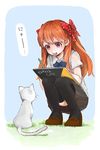  bow cat drawing gekkan_shoujo_nozaki-kun long_hair open_mouth orange_hair polka_dot polka_dot_bow purple_eyes ribbon sakura_chiyo sketchbook solo spike_(fluffyspiky) squatting thighhighs 