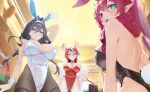  3girls :d alternate_costume animal_ear_hairband animal_ear_piercing animal_ears arm_behind_head arm_up back backless_leotard black_hair black_leotard black_pantyhose black_streaks blue_eyes bow bowtie braid breasts casino choker cleavage closed_mouth commentary covered_navel crystal_wings double-parted_bangs duplicate english_commentary fake_animal_ears fake_tail fur_shawl hair_between_eyes hair_intakes hair_over_shoulder hairband hakos_baelz halo hands_on_own_hips heterochromia highleg highleg_leotard highres hololive hololive_english holopromise indoors irys_(hololive) large_breasts leotard looking_at_viewer low_twin_braids median_furrow medium_hair mouse_ears mouse_girl mouse_tail multicolored_hair multiple_girls official_alternate_hairstyle open_mouth ouro_kronii pantyhose parted_lips pointy_ears purple_eyes purple_hair rabbit_ear_hairband rabbit_ears rabbit_tail red_bow red_bowtie red_hair red_leotard shawl smile star-shaped_pupils star_(symbol) star_halo strapless strapless_leotard streaked_hair symbol-shaped_pupils tail tail_bow tail_ornament thighband_pantyhose thighhighs twin_braids virtual_youtuber white_choker white_leotard white_streaks white_thighhighs wings wrist_cuffs yoellim5 