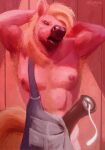 animal_genitalia animal_penis anthro areola big_macintosh_(mlp) bodily_fluids clothing clothing_aside digital_media_(artwork) earth_pony equid equine equine_genitalia equine_penis erection friendship_is_magic fur genital_fluids genitals hair hair_over_eye hands_behind_head hasbro hi_res horse leaking_precum looking_at_viewer male mammal my_little_pony nipples open_mouth overalls pecs penis pony precum precum_string sidekick solo