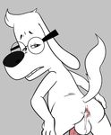  anthro anus balls blush bow_tie butt canine dog dreamworks eyewear fur glasses green_eyes male mammal mr._peabody mr._peabody_and_sherman penis presenting presenting_hindquarters solo tongue tongue_out white_fur 