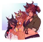  3girls agnes_tachyon_(lunatic_lab)_(umamusume) agnes_tachyon_(umamusume) ahoge animal_ears awestruck bikini bikini_under_clothes black_bikini black_hair body_freckles border breast_awe breasts bright_pupils brown_eyes brown_hair closed_mouth collared_jacket commentary criss-cross_halter cropped_torso dated earrings english_text eyewear_on_head fangs food freckles girl_staring_at_guy's_chest_(meme) green_jacket hair_between_eyes hair_ornament halterneck hand_to_own_mouth high_ponytail highres horse_ears jacket jewelry jungle_pocket_(tobasuze_hot_summer!)_(umamusume) jungle_pocket_(umamusume) large_breasts layered_bikini light_smile lips long_hair long_sleeves manhattan_cafe_(tobasuze_hot_summer!)_(umamusume) manhattan_cafe_(umamusume) medium_breasts meme multicolored_hair multiple_girls navel necklace official_alternate_costume official_alternate_hairstyle oli_(olibuns) open_mouth outside_border parted_lips partially_unzipped ponytail popped_collar popsicle pouch short_ponytail side-by-side staring stomach sunglasses swimsuit tan tied_jacket tinted_eyewear two-tone_hair umamusume upper_body white_bikini white_border white_hair white_jacket white_pupils wide-eyed wing_collar wrist_straps yellow-tinted_eyewear yellow_eyes zipper zipper_pull_tab 