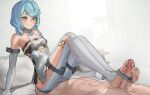  1boy 1girl abs absurdres aqua_eyes aqua_hair bedroom blush breasts closed_mouth commentary cum cum_on_body cum_on_feet elbow_gloves english_commentary faceless faceless_male feet flower_ornament footjob footjob_with_legwear girl_on_top gloves hair_ornament highres large_penis long_hair looking_at_penis mole mole_on_shoulder nipples on_bed orgasm penis raziel_(artist) see-through_clothes seed_(zenless_zone_zero) sitting sitting_on_face skin_tight small_breasts smile soles stirrup_legwear swept_bangs testicles toeless_legwear toes under-stirrup_footjob white_gloves zenless_zone_zero 