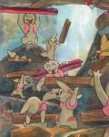  alternate_color black_eyes bright_pupils carrying closed_mouth commentary conkeldurr construction_worker cropped english_commentary evolutionary_line gurdurr highres holding mofinngram muscular open_mouth painting_(medium) pokemon pokemon_(creature) pokemon_focus red_nose shiny_and_normal shiny_pokemon steel_beam timburr traditional_media veins watercolor_(medium) white_pupils wooden_beam working 