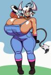 2026 2_horns animal_humanoid band-aid band-aid_on_face bandage bandage_on_face big_breasts black_boots black_clothing black_footwear black_gloves black_handwear black_spots blue_clothing blue_overalls boots bottle bovid bovid_humanoid bovine bovine_humanoid breasts button_(fastener) cattle_humanoid clothed clothed_female clothed_humanoid clothing collar container cowbell cowbell_collar day digital_drawing_(artwork) digital_media_(artwork) dumbwitchyy female female_humanoid footwear full-length_portrait gloves hair handwear head_horn hi_res holding_bottle holding_container holding_milk holding_object horn huge_breasts humanoid mammal mammal_humanoid milk milk_bottle milk_container one_eye_closed outside overalls pinup portrait pose purple_eyes shoes sky smile solo spots standing tail tail_tuft tan_body tan_skin teeth thick_thighs tuft white_hair white_sclera