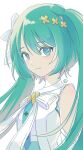  1girl aqua_hair blue_eyes blush bow bowtie commentary_request dress elbow_gloves from_side g_hana gloves hair_between_eyes hatsune_miku highres hiramado_miku korean_commentary kowareta_sekai_to_utaenai_miku long_hair looking_at_viewer project_sekai sidelocks simple_background sleeveless sleeveless_dress smile solo twintails upper_body vocaloid white_background white_bow white_bowtie white_dress 