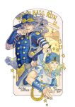  2boys arm_guards ball beanie blonde_hair blue_eyes blue_hat blue_shirt character_name chinese_commentary commentary_request copyright_name cowboy_hat goggles goggles_on_headwear golden_tooth grey_hair grin gyro_zeppeli hair_through_headwear hand_on_own_hip hat highres holding holding_ball hood hood_down hoodie horseshoe_hat_ornament horseshoe_ornament johnny_joestar jojo_no_kimyou_na_bouken looking_at_viewer male_focus multiple_boys print_headwear shirt short_sleeves smile star_(symbol) star_print starshadowmagician steel_ball_(jojo) steel_ball_run white_hoodie yellow_eyes 