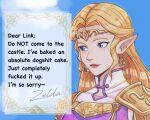  1girl blonde_hair blue_background blue_eyes circlet collarbone commentary dress earrings english_commentary english_text highres jewelry letter lipstick long_hair looking_to_the_side makeup mario_(series) meme parody pichichustudio pointy_ears princess_peach_letter_(meme) princess_zelda purple_dress red_lips shoulder_pads solo super_mario_64 the_legend_of_zelda the_legend_of_zelda:_ocarina_of_time triforce upper_body 