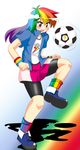  akasode_(tyaramu) ball bike_shorts blush boots highres humanization multicolored_hair my_little_pony my_little_pony_friendship_is_magic open_mouth rainbow_dash rainbow_hair smile soccer_ball 